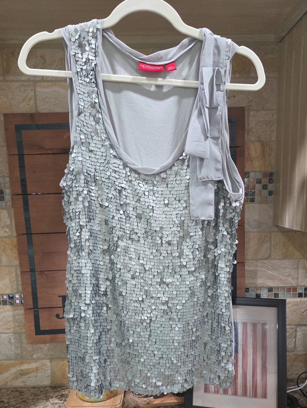 New York & Company Silver Sequin Bow Tank Top
